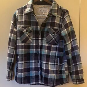 Soho Threads Women's Sherpa Lined Plaid Jacket - Gray and Teal Small